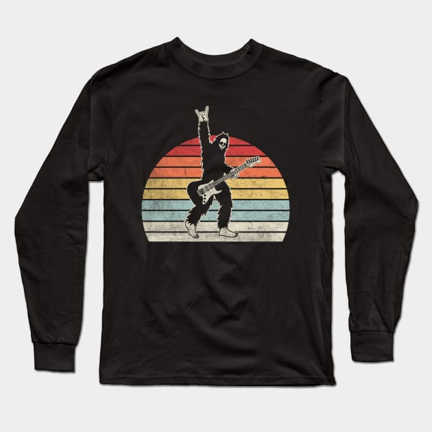 Retro Vintage Bigfoot Playing Guitar Funny Guitarist Guitar Player Gift Long Sleeve T-Shirt by SomeRays